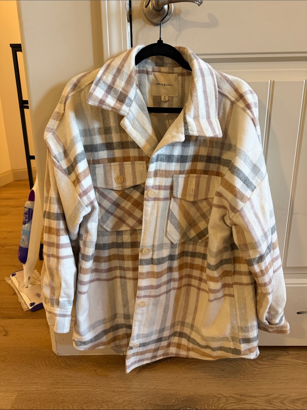 Thread & Supply Cream Plaid Lightweight Shacket with Tan & Gray Stripes